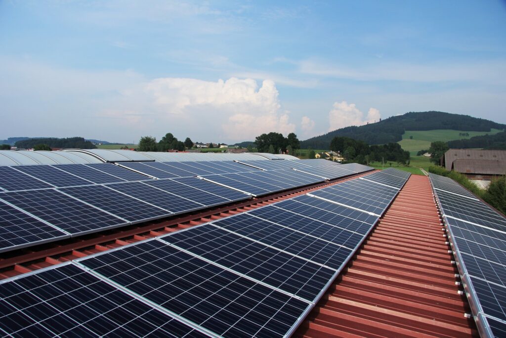 Rows of neatly aligned solar panels installed in a field, showcasing efficient and sustainable energy solutions by Solar BC, a trusted solar company.